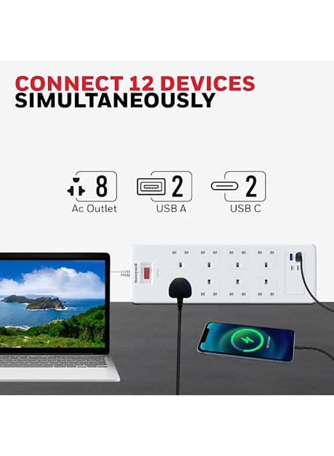 Honeywell 8 Out Surge Protector With Master Switch Spike Guard/Extension Board/Power Strip 8 Outlet 2Xpd20W And 2Xusb 1050 Joules 1.8 Meter Extension Cord Dsw Automatic Over Heat And Overcurrent Protection 3 Yrs Manufacturer Warranty Whiteplatinum Series White-Platinum Series  - Image 3