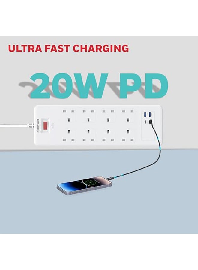 Honeywell 8 Out Surge Protector With Master Switch Spike Guard/Extension Board/Power Strip 8 Outlet 2Xpd20W And 2Xusb 1050 Joules 1.8 Meter Extension Cord Dsw Automatic Over Heat And Overcurrent Protection 3 Yrs Manufacturer Warranty Whiteplatinum Series White-Platinum Series  - Image 4
