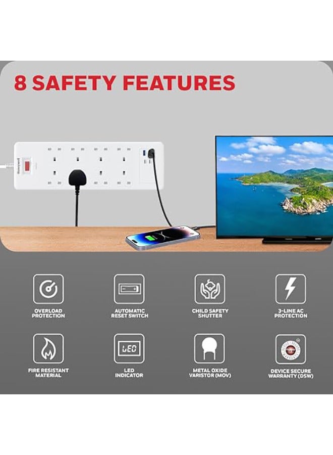 Honeywell 8 Out Surge Protector With Master Switch Spike Guard/Extension Board/Power Strip 8 Outlet 2Xpd20W And 2Xusb 1050 Joules 1.8 Meter Extension Cord Dsw Automatic Over Heat And Overcurrent Protection 3 Yrs Manufacturer Warranty Whiteplatinum Series White-Platinum Series  - Image 5
