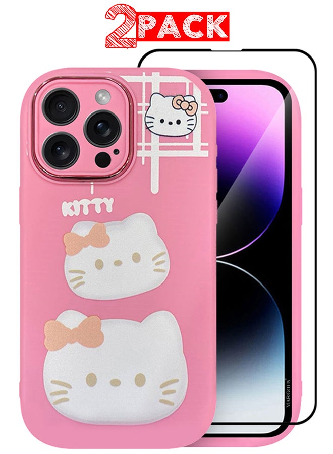 MARGOUN 2 Pack For iPhone 14 Pro Max Case Cover And Screen Protector Cartoon Case Unique Design For Women Girls With Camera Lens Protection P03 Pink3  - Image 1