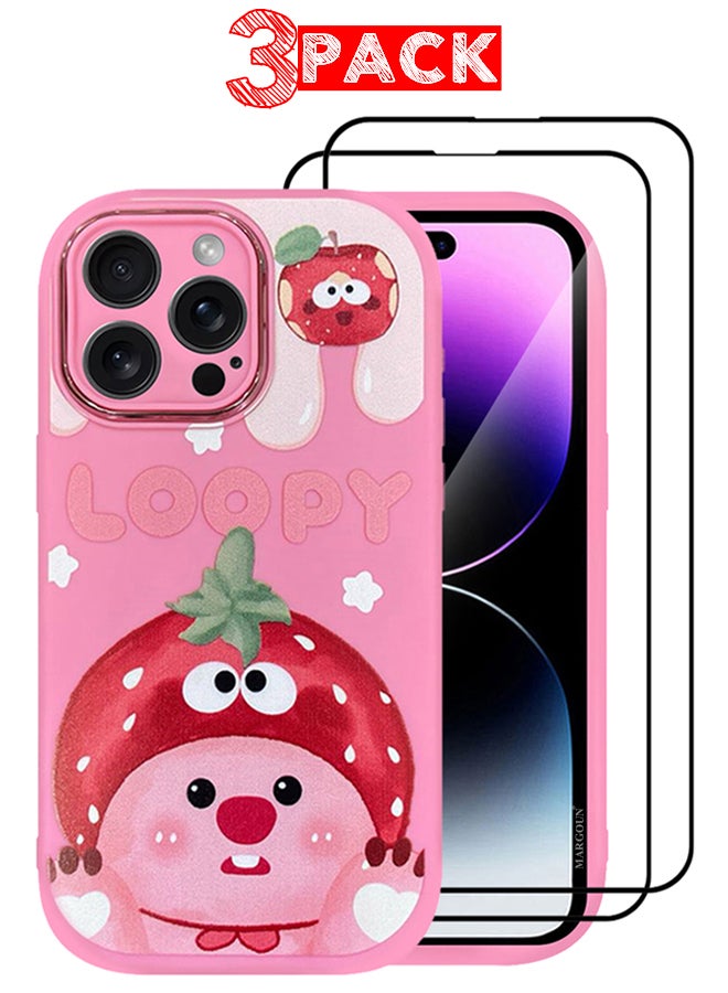 MARGOUN 3 Pack For iPhone 15 Pro Max Case Cover And 2 Screen Protectors Cartoon Case Unique Design For Women Girls With Camera Lens Protection P06 Pink6  - Image 1