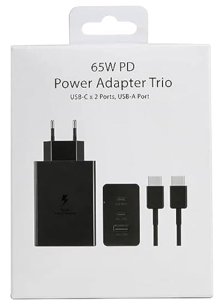 Samsung - 65W Super Fast Charger with Type-C to Type-C Cable - 65W Type-C & 25W Type-C & 15W Type A Compatible with Galaxy Note S21 S23 10 Ultra S10 S9 Plus - S22 - S22 Ultra (Black) Black - Image 1
