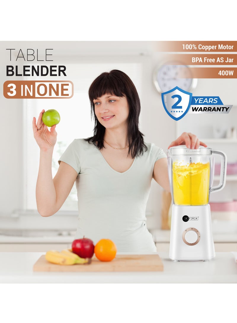 AFRA Japan 3 In 1 Blender, BPA Free 1.5l Jar, Chopping & Grinding Mill, Copper Motor, Filter & Strainer, 50-60 Hz, ESMA Approved 2 Years Warranty 1.5 L 400 W AF-0400BLWT White  - Image 4