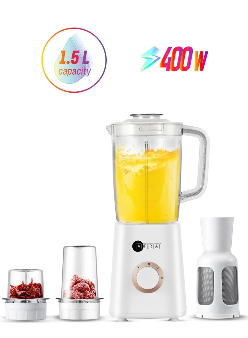 AFRA Japan 3 In 1 Blender, BPA Free 1.5l Jar, Chopping & Grinding Mill, Copper Motor, Filter & Strainer, 50-60 Hz, ESMA Approved 2 Years Warranty 1.5 L 400 W AF-0400BLWT White  - Image 1