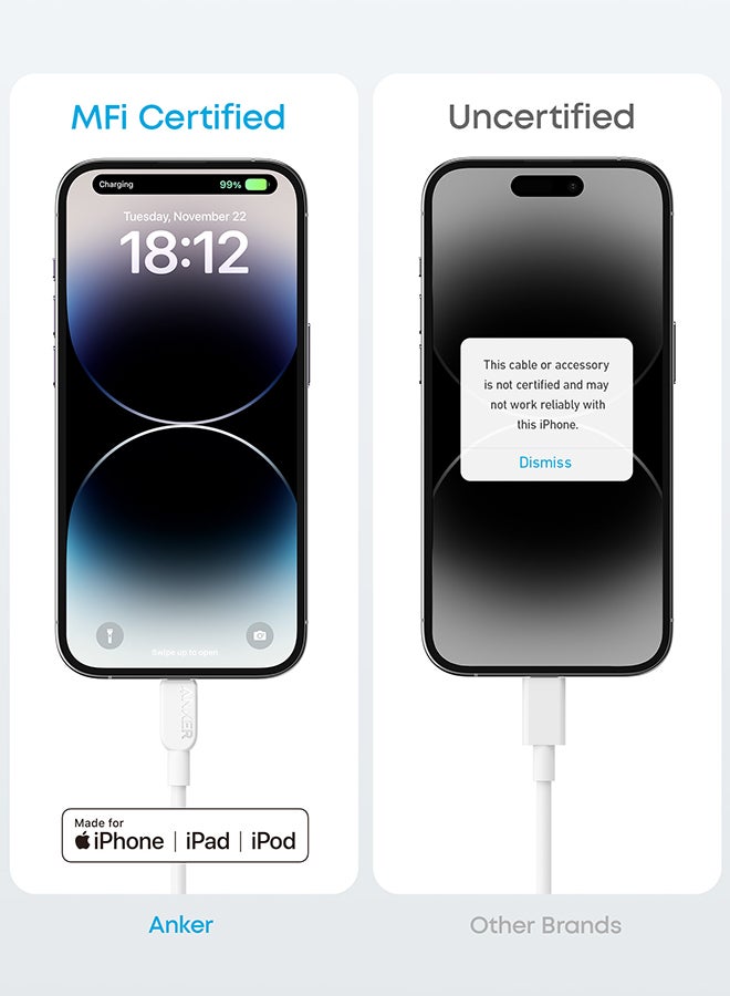 كابل Anker USB C إلى Lightning، كابل 310 USB-C إلى Lightning (أسود، 6 أقدام)، معتمد من MFi، كابل شحن سريع لهاتف iPhone 14 Plus 14 14 Pro Max 13 13 Pro 12 11 X XS XR (الشاحن غير متضمن) سنو