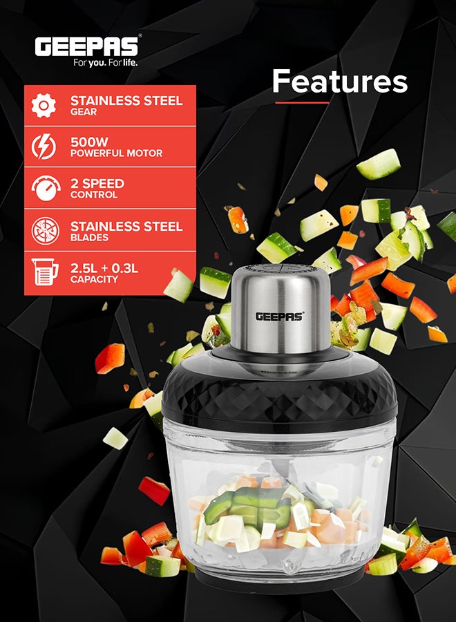 GEEPAS Multi Chopper 1 Machine, Compact Multi-Purpose Chopping Machine, Mincing Function, Coarse and Fine/ Stainless Steel Housing, Cutter Pole and Gear, Suitable for Vegetables, Fruits, Meat 2.5 L 500 W GMC42030 Black/Silver  - Image 2