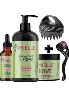 MIELLE Organics Rosemary Mint Strengthening Full Set 5 - Rosemary Hair Oil, Shampoo, Hair Mask, Derma Ruller And Scrubber - For Hair Growth, Protection & Treatment - Infused With Biotin 754ml  - Image 1
