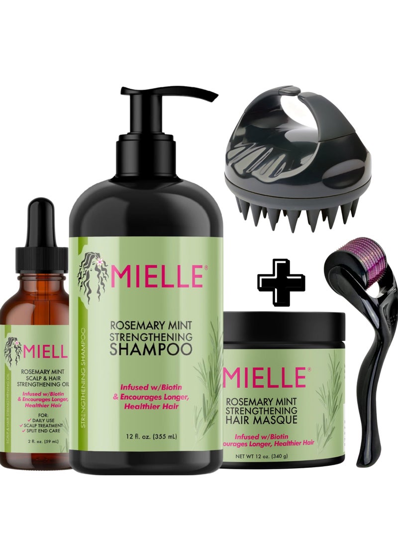 MIELLE Organics Rosemary Mint Strengthening Full Set 5 - Rosemary Hair Oil, Shampoo, Hair Mask, Derma Ruller And Scrubber - For Hair Growth, Protection & Treatment - Infused With Biotin 754ml  - Image 1
