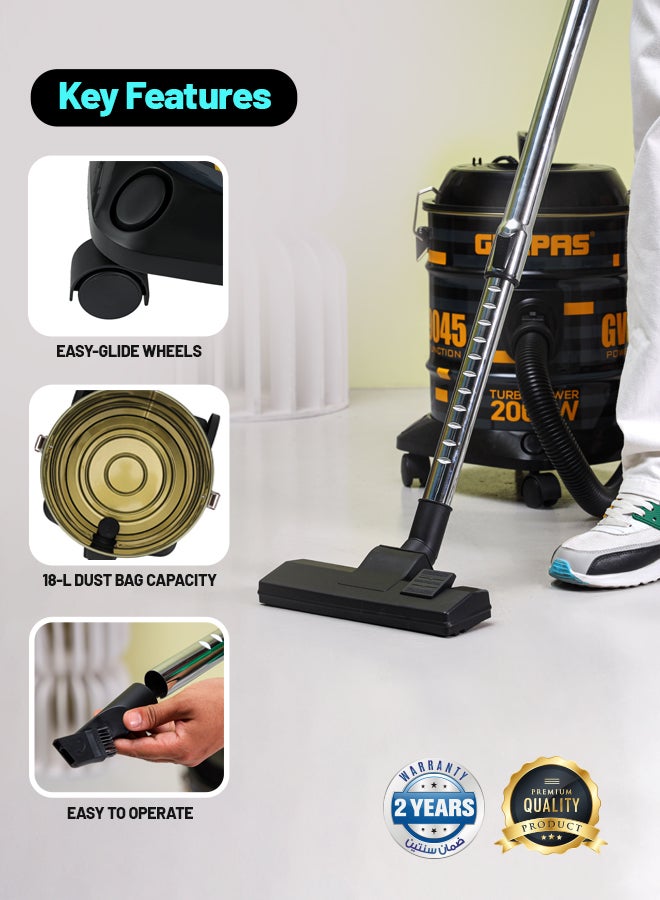 Drum Vacuum Cleaner- 18 L Dust Bag Capacity with Elegant Body, Metallic Tank/ Powerful Suction, Dry and Blow Function, Full Indicator/ Perfect for Home, Office, Apartments 18 L 2000 W GVC19045 Black, Yellow