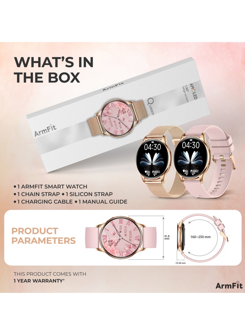 ArmFit - Queen Smart Watch For Women With AMOLED Always On Display Bluetooth Calling Waterproof Fitness Watches For Android iOS Gold - Image 1