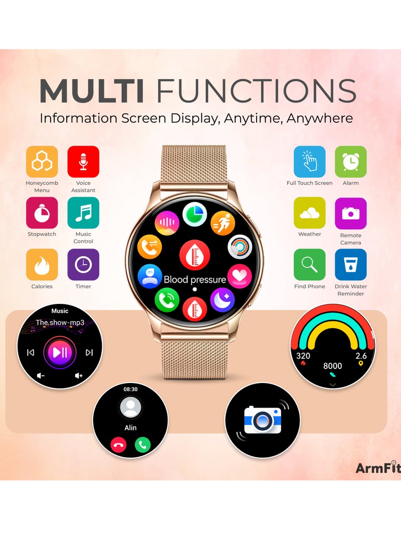 ArmFit - Queen Smart Watch For Women With AMOLED Always On Display Bluetooth Calling Waterproof Fitness Watches For Android iOS Gold - Image 1