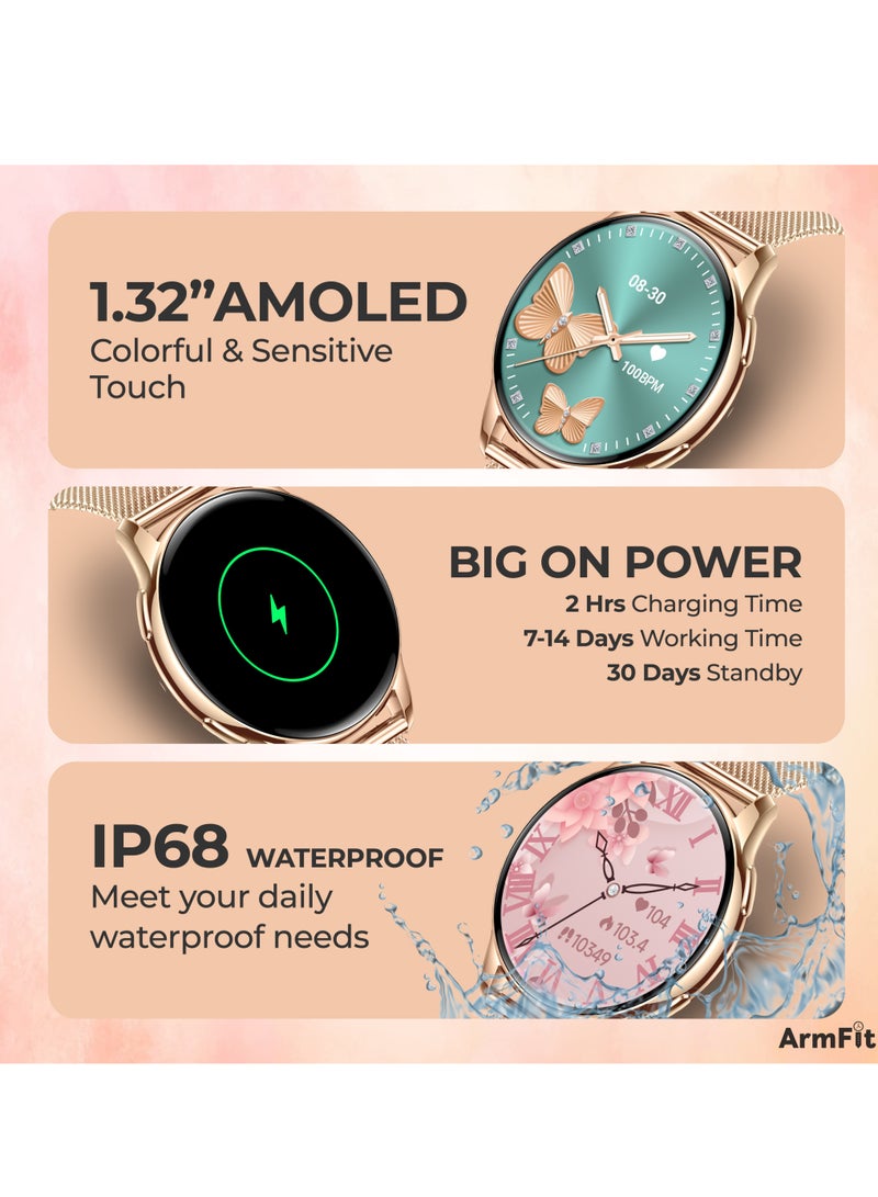 ArmFit - Queen Smart Watch For Women With AMOLED Always On Display Bluetooth Calling Waterproof Fitness Watches For Android iOS Gold - Image 1