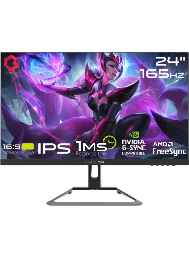 GAMEON 24" Inch Gaming Monitor, FHD (1920x1080) 165Hz, 1ms, HDR, Edge-lit LED Flat Screen, IPS Panel, Antiglare Computer Monitor, HDMI Ports, GSync - Free Sync & Speakers Black - Image 1