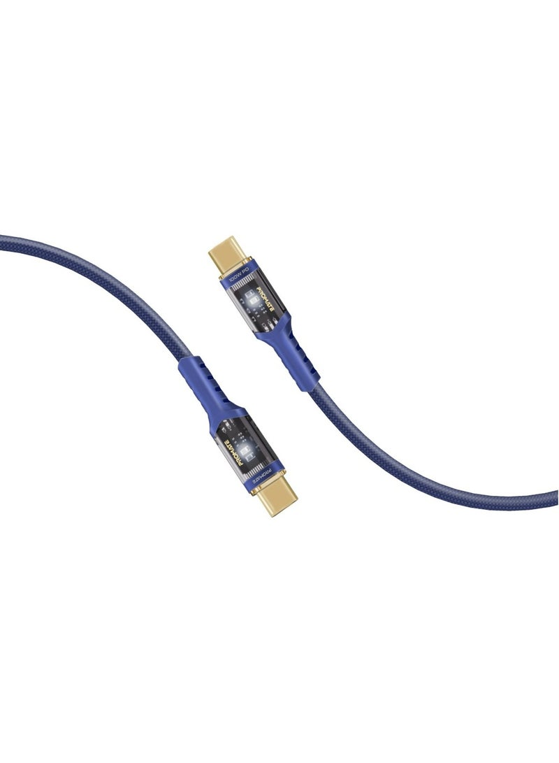 PROMATE USB-C To USB-C Cable, Fast-Charging 100W Power Delivery Type-C Cable With Transparent Tips, LED, 25000+ Long Bend Lifespan, 480Mbps Data Sync And 120cm Nylon Braided Cord, LucidLine-CC120 Navy Blue - Image 1