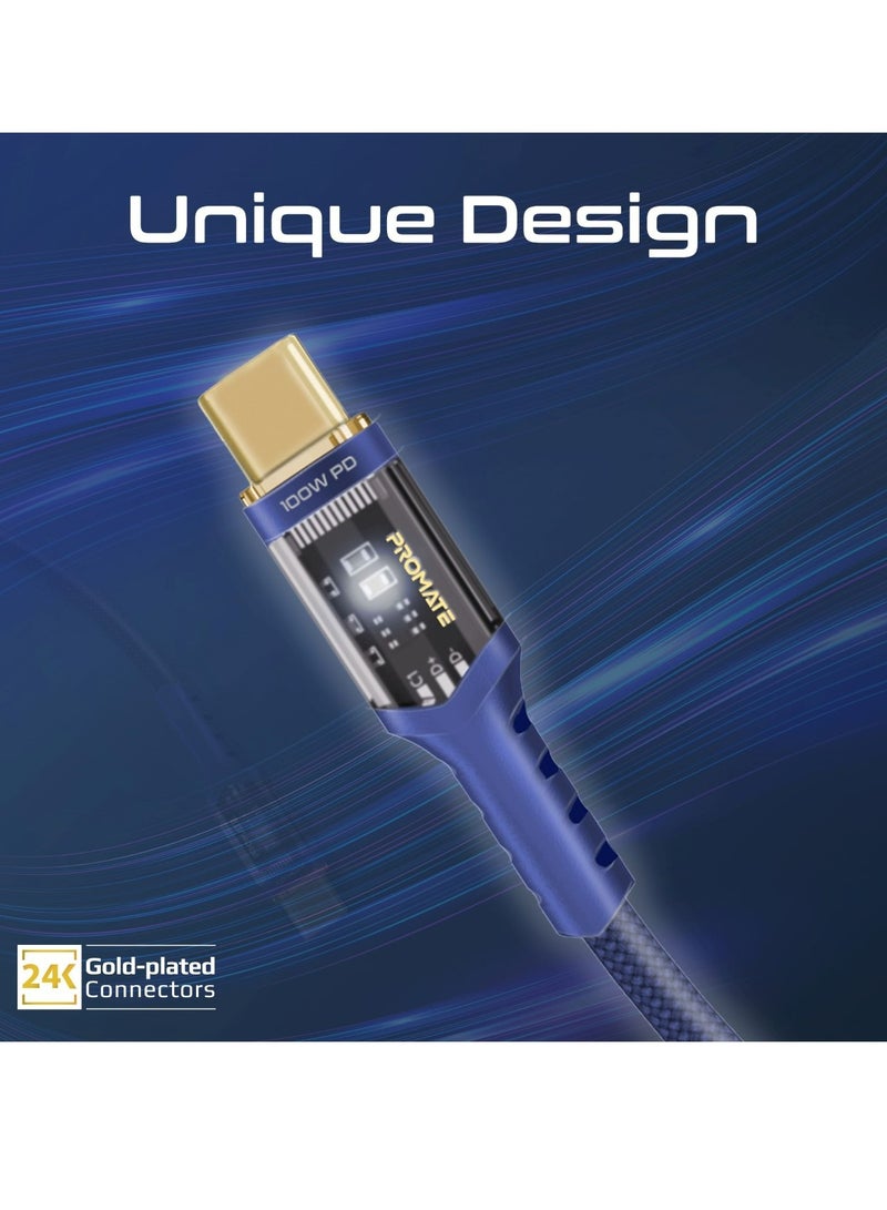 PROMATE USB-C To USB-C Cable, Fast-Charging 100W Power Delivery Type-C Cable With Transparent Tips, LED, 25000+ Long Bend Lifespan, 480Mbps Data Sync And 120cm Nylon Braided Cord, LucidLine-CC120 Navy Blue - Image 3