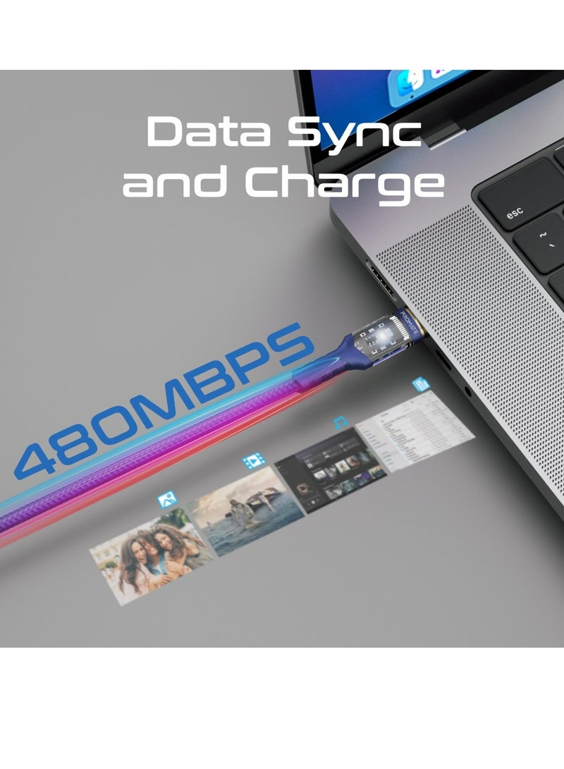 PROMATE USB-C To USB-C Cable, Fast-Charging 100W Power Delivery Type-C Cable With Transparent Tips, LED, 25000+ Long Bend Lifespan, 480Mbps Data Sync And 120cm Nylon Braided Cord, LucidLine-CC120 Navy Blue - Image 5