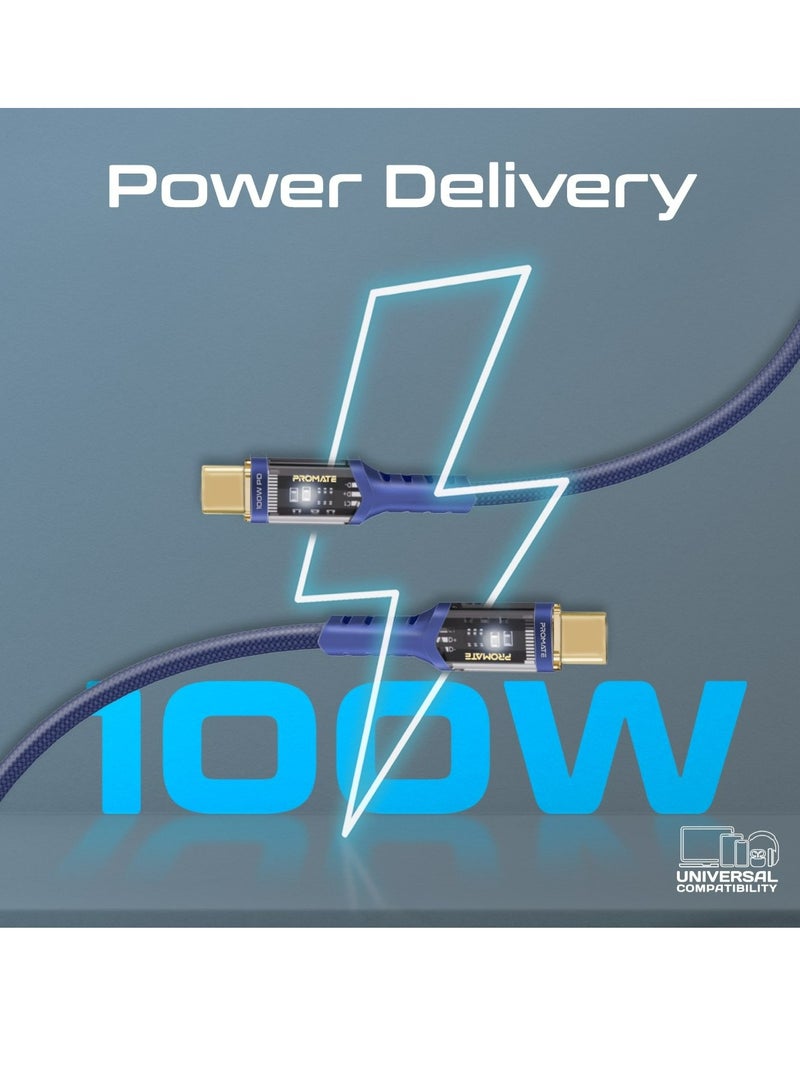 PROMATE USB-C To USB-C Cable, Fast-Charging 100W Power Delivery Type-C Cable With Transparent Tips, LED, 25000+ Long Bend Lifespan, 480Mbps Data Sync And 120cm Nylon Braided Cord, LucidLine-CC120 Navy Blue - Image 2