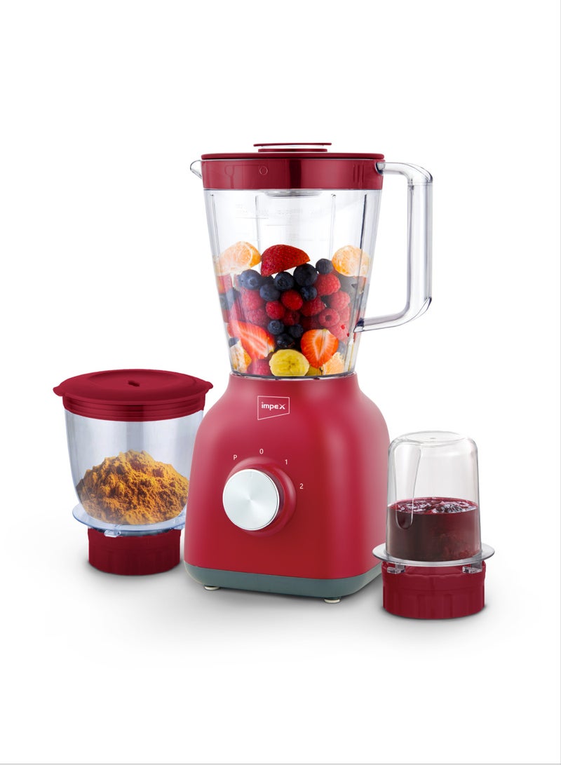 Impex Blender 3 In 1 Mixer Grinder,400W Powerful Motor, Speed Control With Pulse,1.5L Unbreakable Big Jar, Grinder Jar, Meat Mincer Jar, Over Heat Protection 1.5 L 400 W BL 3503B Red  - Image 1