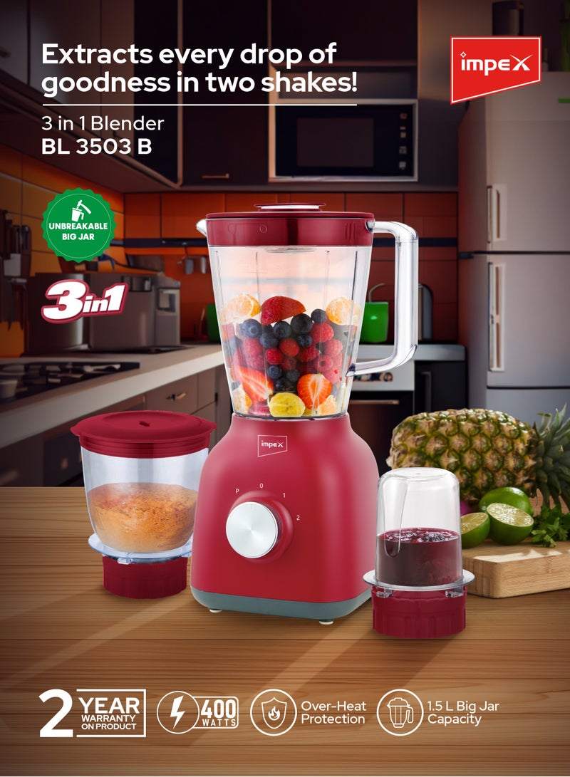 Impex Blender 3 In 1 Mixer Grinder,400W Powerful Motor, Speed Control With Pulse,1.5L Unbreakable Big Jar, Grinder Jar, Meat Mincer Jar, Over Heat Protection 1.5 L 400 W BL 3503B Red  - Image 2