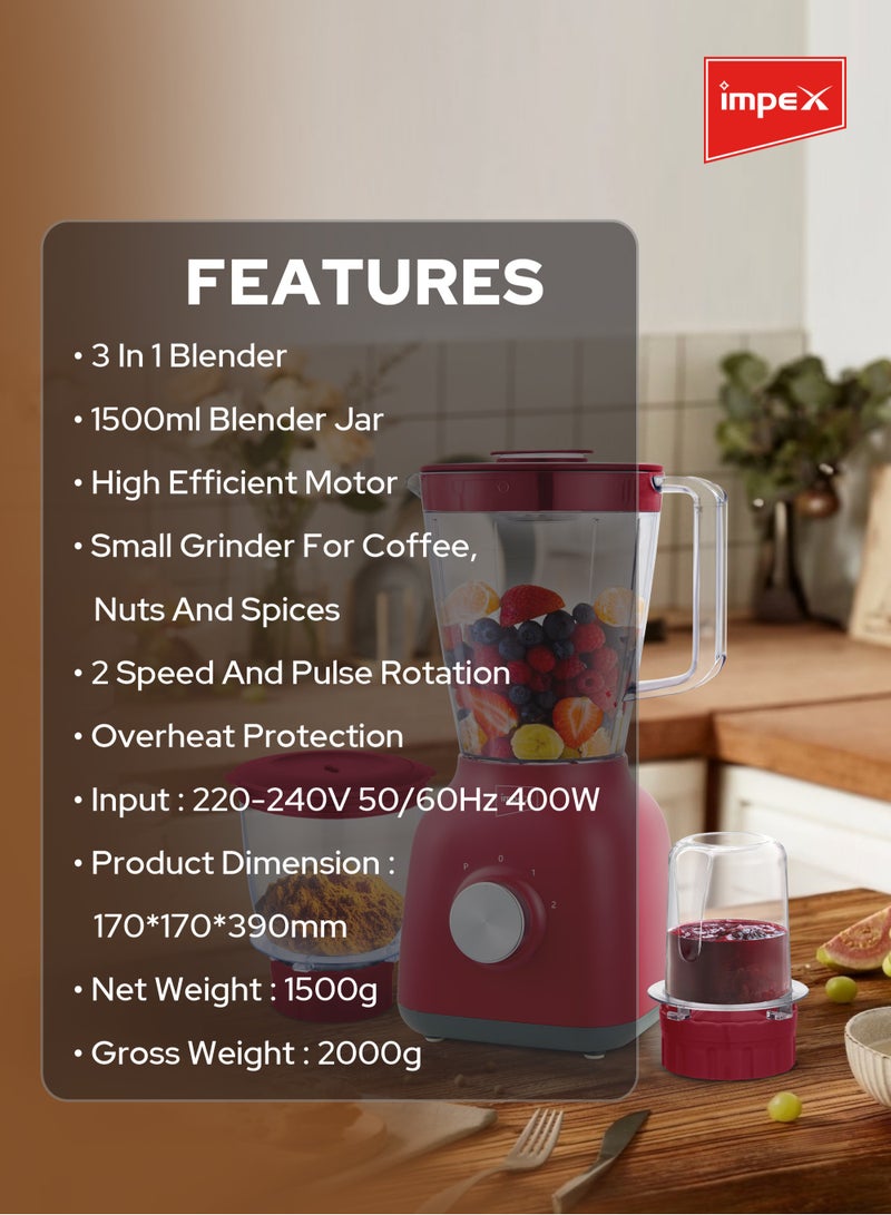 Blender 3 In 1 Mixer Grinder,400W Powerful Motor, Speed Control With Pulse,1.5L Unbreakable Big Jar, Grinder Jar, Meat Mincer Jar, Over Heat Protection 1.5 L 400 W BL 3503B Red