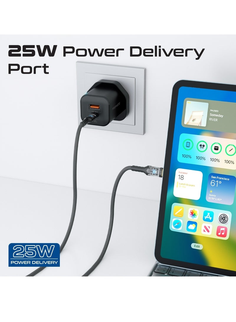 بروميت شاحن حائط بمنفذين، توصيل طاقة USB-C بقوة 25 وات مع منافذ شحن USB-A QC 3.0 بقوة 18 وات، مزود بكابل موصلات USB-C شفاف بقوة 60 وات، بطول 1.2 متر، شحن متكيف وإضاءة LED، PowerPort-25CC - Image 3