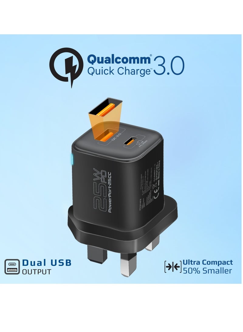 بروميت شاحن حائط بمنفذين، توصيل طاقة USB-C بقوة 25 وات مع منافذ شحن USB-A QC 3.0 بقوة 18 وات، مزود بكابل موصلات USB-C شفاف بقوة 60 وات، بطول 1.2 متر، شحن متكيف وإضاءة LED، PowerPort-25CC - Image 4