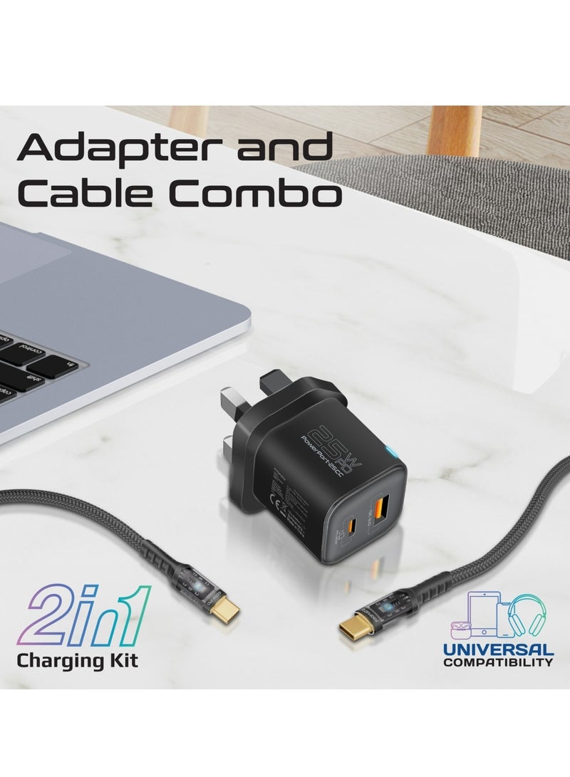 بروميت شاحن حائط بمنفذين، توصيل طاقة USB-C بقوة 25 وات مع منافذ شحن USB-A QC 3.0 بقوة 18 وات، مزود بكابل موصلات USB-C شفاف بقوة 60 وات، بطول 1.2 متر، شحن متكيف وإضاءة LED، PowerPort-25CC - Image 2