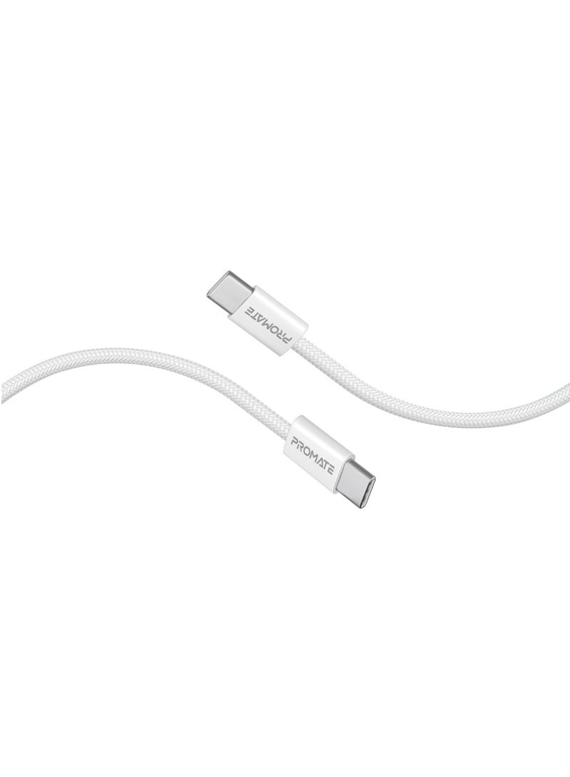 PROMATE USB-C to USB-C Cable, Premium 60W Power Delivery Fast Charging Cable with 480Mbps Data Sync and 200cm Anti-Tangle Nylon Braided Cord for iPhone 16, Galaxy S25, iPad Air, Dell XPS 17, EcoLine-CC203 - White  - Image 1