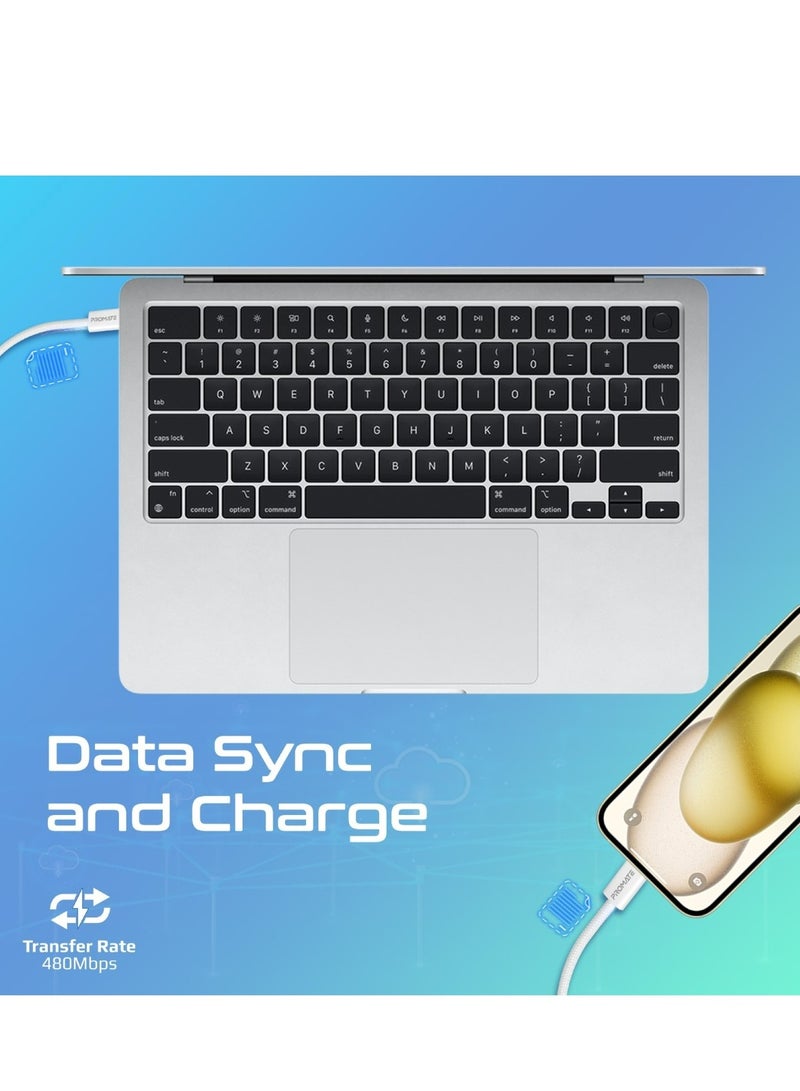 PROMATE USB-C to USB-C Cable, Premium 60W Power Delivery Fast Charging Cable with 480Mbps Data Sync and 200cm Anti-Tangle Nylon Braided Cord for iPhone 16, Galaxy S25, iPad Air, Dell XPS 17, EcoLine-CC203 - White  - Image 4