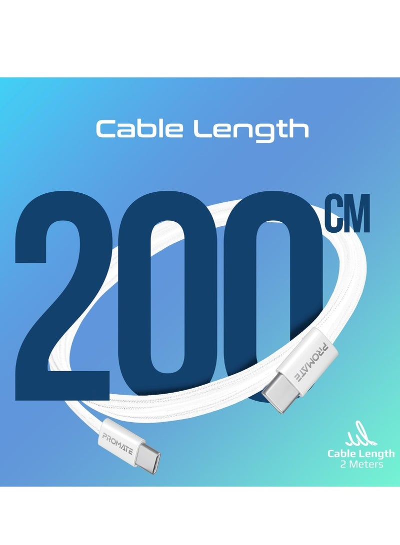 PROMATE USB-C to USB-C Cable, Premium 60W Power Delivery Fast Charging Cable with 480Mbps Data Sync and 200cm Anti-Tangle Nylon Braided Cord for iPhone 16, Galaxy S25, iPad Air, Dell XPS 17, EcoLine-CC203 - White  - Image 3