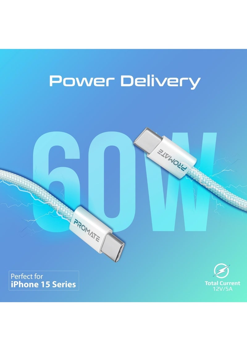 PROMATE USB-C to USB-C Cable, Premium 60W Power Delivery Fast Charging Cable with 480Mbps Data Sync and 200cm Anti-Tangle Nylon Braided Cord for iPhone 16, Galaxy S25, iPad Air, Dell XPS 17, EcoLine-CC203 - White  - Image 2