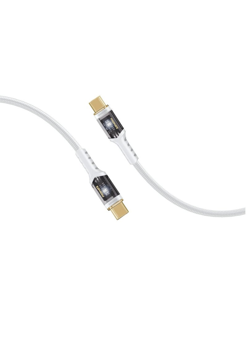 PROMATE USB-C to USB-C Cable, Fast-Charging 100W Power Delivery Type-C Cable With Transparent Tips, LED, 25000+ Long Bend Lifespan, 480Mbps Data Sync and 120cm Nylon Braided Cord, LucidLine-CC120 White  - Image 1
