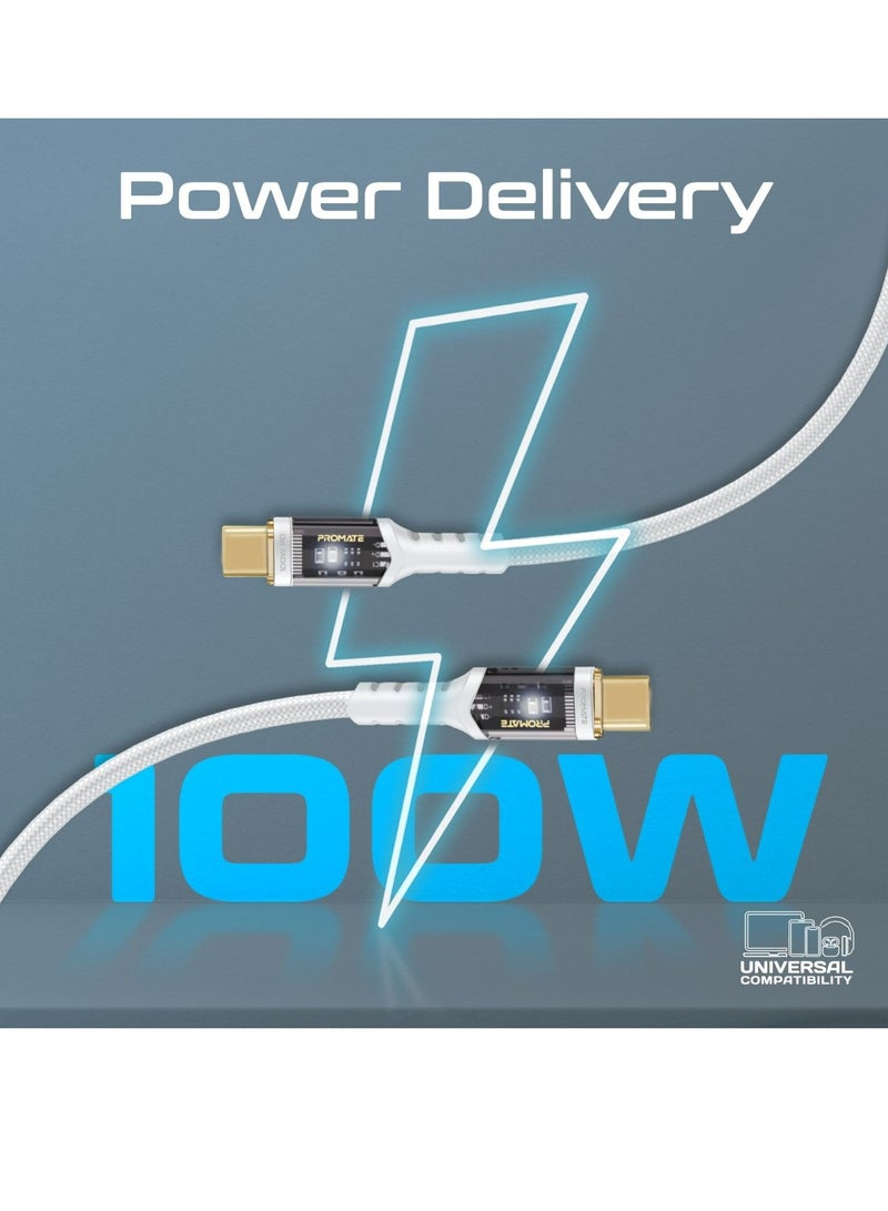 PROMATE USB-C to USB-C Cable, Fast-Charging 100W Power Delivery Type-C Cable With Transparent Tips, LED, 25000+ Long Bend Lifespan, 480Mbps Data Sync and 120cm Nylon Braided Cord, LucidLine-CC120 White  - Image 2