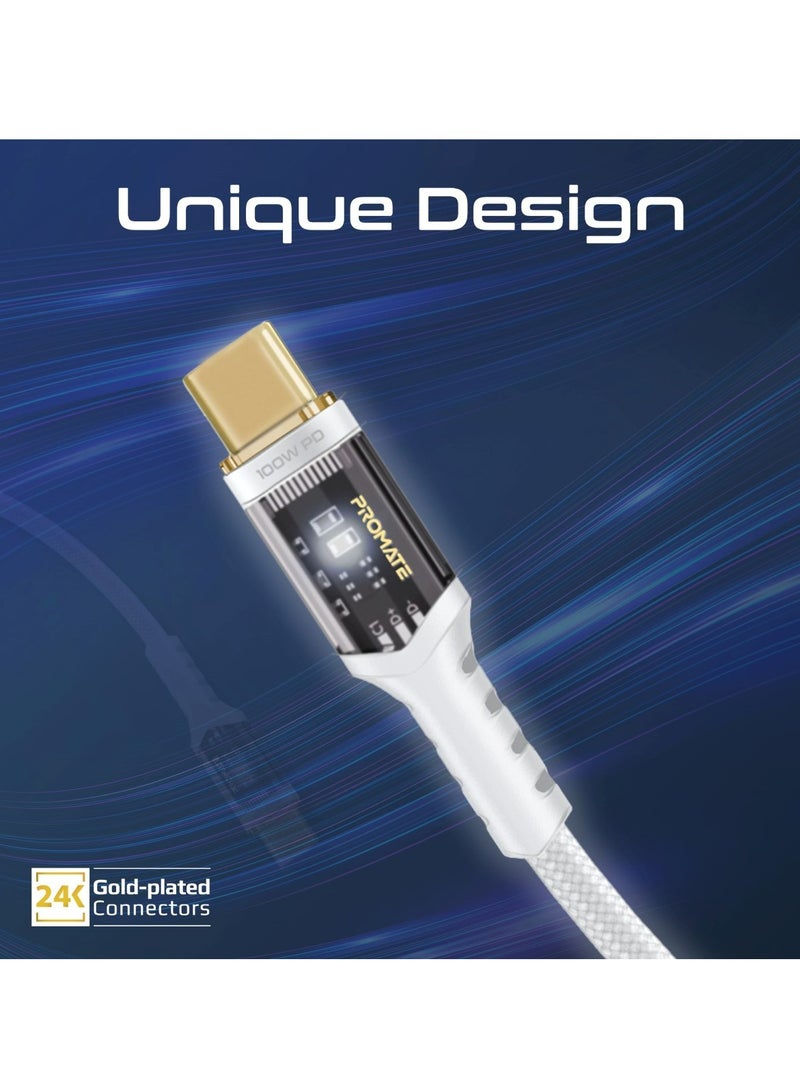 PROMATE USB-C to USB-C Cable, Fast-Charging 100W Power Delivery Type-C Cable With Transparent Tips, LED, 25000+ Long Bend Lifespan, 480Mbps Data Sync and 120cm Nylon Braided Cord, LucidLine-CC120 White  - Image 3