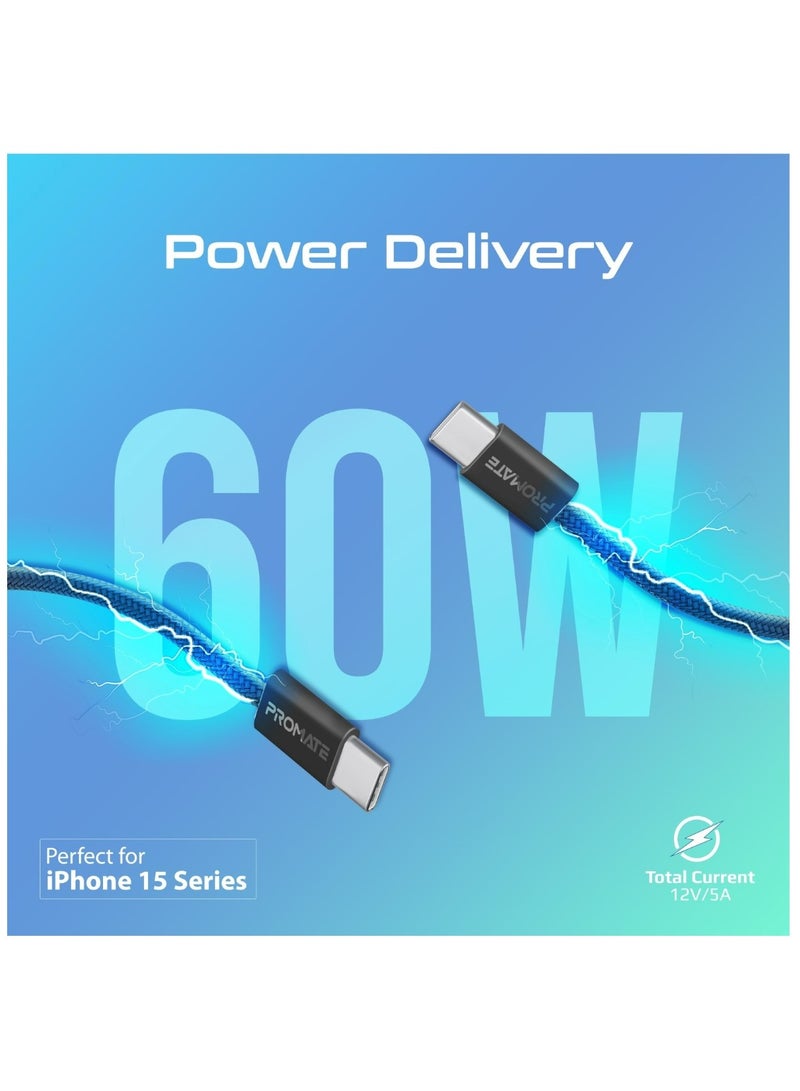 PROMATE USB-C to USB-C Cable, Premium 60W Power Delivery Fast Charging Cable with 480Mbps Data Sync and 200cm Anti-Tangle Nylon Braided Cord for iPhone 16, Galaxy S25, iPad Air, Dell XPS 17, EcoLine-CC200 - Black  - Image 2