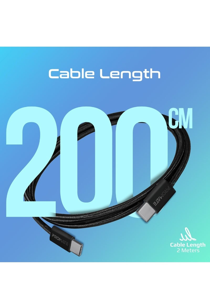PROMATE USB-C to USB-C Cable, Premium 60W Power Delivery Fast Charging Cable with 480Mbps Data Sync and 200cm Anti-Tangle Nylon Braided Cord for iPhone 16, Galaxy S25, iPad Air, Dell XPS 17, EcoLine-CC200 - Black  - Image 3