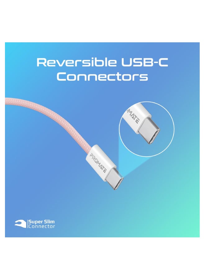PROMATE USB-C to USB-C Cable, Premium 60W Power Delivery Fast Charging Cable with 480Mbps Data Sync and 200cm Anti-Tangle Nylon Braided Cord for iPhone 16, Galaxy S25, iPad Air, Dell XPS 17, EcoLine-CC202 - Pink  - Image 2