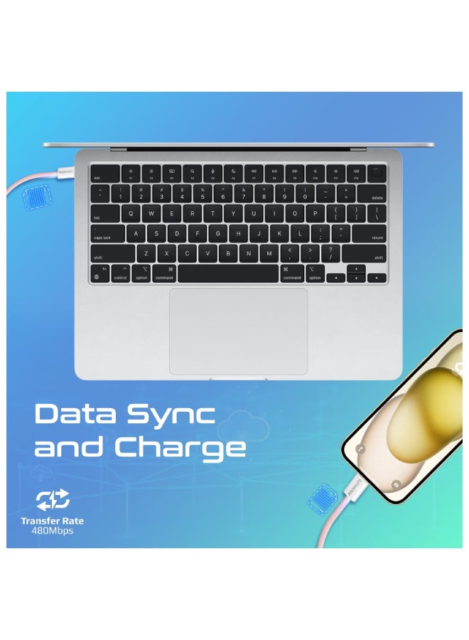 PROMATE USB-C to USB-C Cable, Premium 60W Power Delivery Fast Charging Cable with 480Mbps Data Sync and 200cm Anti-Tangle Nylon Braided Cord for iPhone 16, Galaxy S25, iPad Air, Dell XPS 17, EcoLine-CC202 - Pink  - Image 4