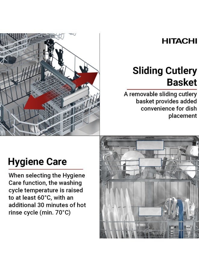 هيتاشي غسالة أطباق قائمة بذاتها، 15 مكانًا، 8 برامج، تلقائي، مكثف، صديق للبيئة، العناية بالزجاج، محرك عاكس للغسيل التربو، غسالة أطباق صامتة، أمان فيضان المياه، صنع في تركيا - Image 4
