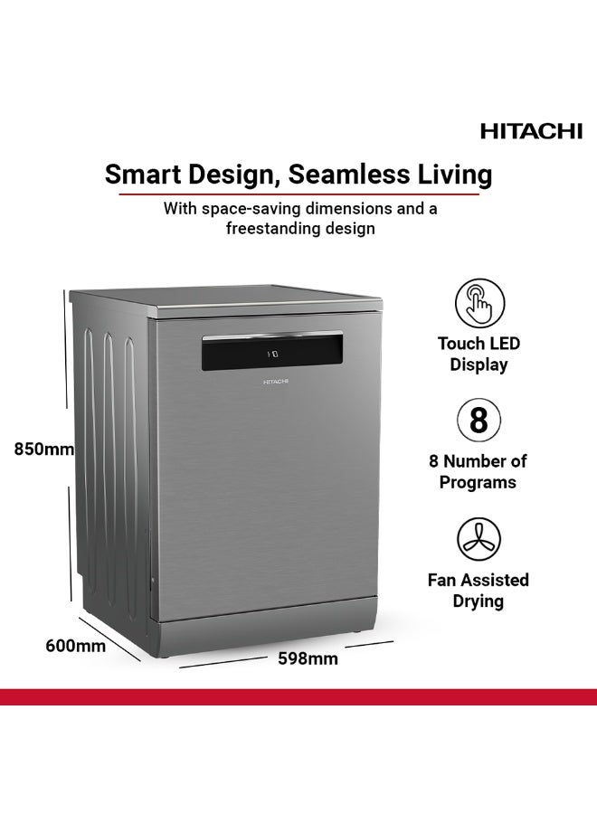 هيتاشي غسالة أطباق قائمة بذاتها، 15 مكانًا، 8 برامج، تلقائي، مكثف، صديق للبيئة، العناية بالزجاج، محرك عاكس للغسيل التربو، غسالة أطباق صامتة، أمان فيضان المياه، صنع في تركيا - Image 3