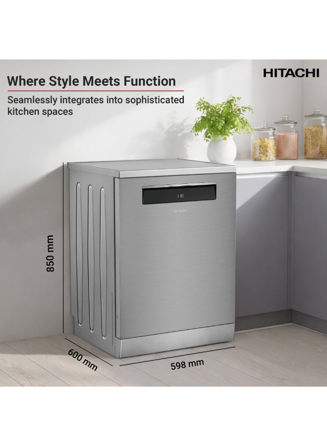 HITACHI Freestanding Dishwasher, 15 Place Settings, 8 Programs, Silent Operation - Model HDFF158CVX + FREE 15 Packs of Finish Powerball Ultimate Plus (4 Tabs Each Packet) 9.5 L HDF-F158CVX Inox 9.5 L HDF-F158CVX Inox - Image 5