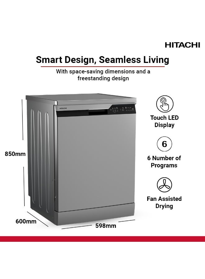 هيتاشي غسالة أطباق قائمة بذاتها، 14 مكانًا، 6 برامج، تلقائي، مكثف، صديق للبيئة، العناية بالزجاج، محرك عاكس للغسيل التربو، غسالة أطباق صامتة، أمان التدفق الزائد، صنع في تركيا - Image 3