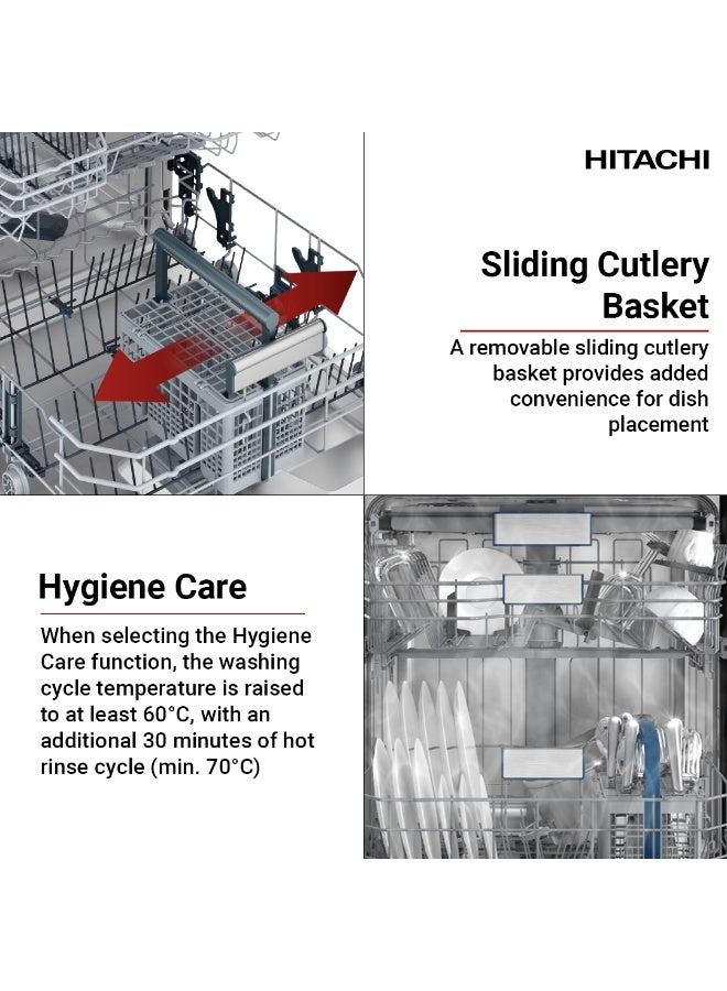 هيتاشي غسالة أطباق قائمة بذاتها، 14 مكانًا، 6 برامج، تلقائي، مكثف، صديق للبيئة، العناية بالزجاج، محرك عاكس للغسيل التربو، غسالة أطباق صامتة، أمان التدفق الزائد، صنع في تركيا - Image 4