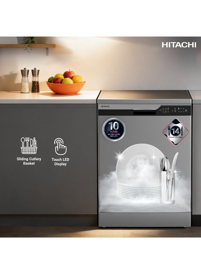 HITACHI Freestanding Dishwasher, 15 Place Settings, 8 Programs, Silent Operation - Model HDF-F146VS + FREE 15 Packs of Finish Powerball Ultimate Plus (4 Tabs Each Packet) 9.5 L HDF-F146VS Inox 9.5 L HDF-F146VS Inox - Image 2
