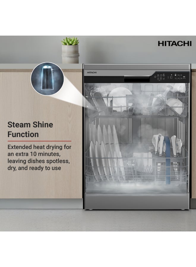 HITACHI Freestanding Dishwasher, 15 Place Settings, 8 Programs, Silent Operation - Model HDF-F146VS + FREE 15 Packs of Finish Powerball Ultimate Plus (4 Tabs Each Packet) 9.5 L HDF-F146VS Inox 9.5 L HDF-F146VS Inox - Image 3