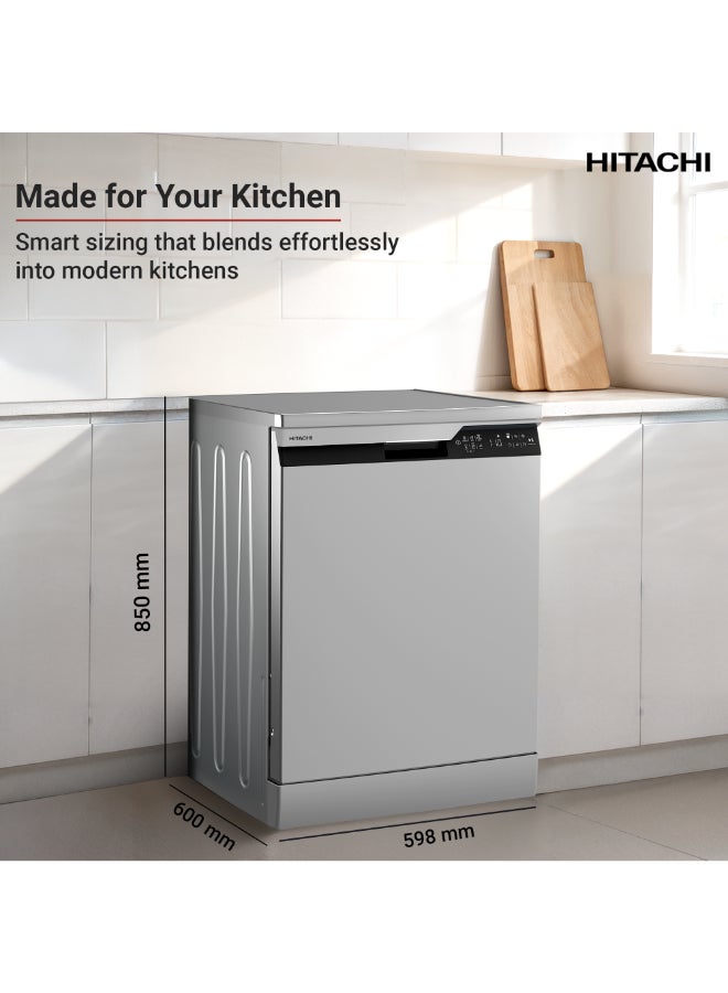 HITACHI Freestanding Dishwasher, 15 Place Settings, 8 Programs, Silent Operation - Model HDF-F146VS + FREE 15 Packs of Finish Powerball Ultimate Plus (4 Tabs Each Packet) 9.5 L HDF-F146VS Inox 9.5 L HDF-F146VS Inox - Image 5