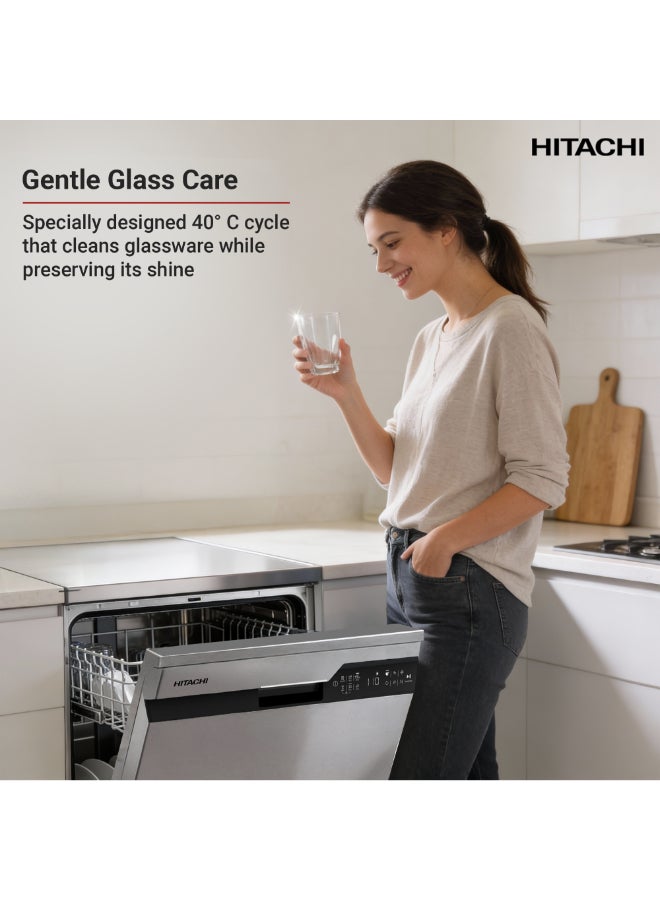 HITACHI Freestanding Dishwasher, 15 Place Settings, 8 Programs, Silent Operation - Model HDF-F146VS + FREE 15 Packs of Finish Powerball Ultimate Plus (4 Tabs Each Packet) 9.5 L HDF-F146VS Inox 9.5 L HDF-F146VS Inox - Image 4