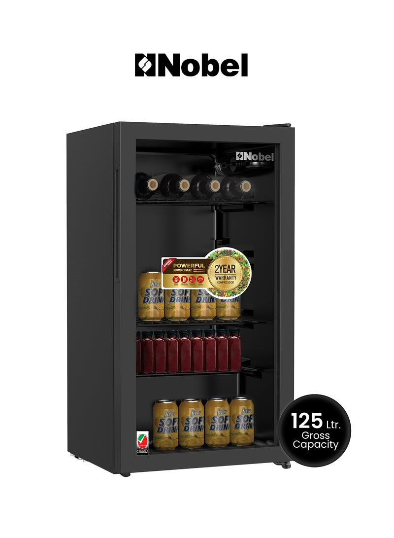 Nobel - 125L Gross/ 85L Net Capacity Bottle Chiller Single Glass Door, Mechanical Control, LED Light, Adjustable Temperature, Energy Efficient, R600a Refrigerant 125 L 85 W NBC125RH Black - Image 1