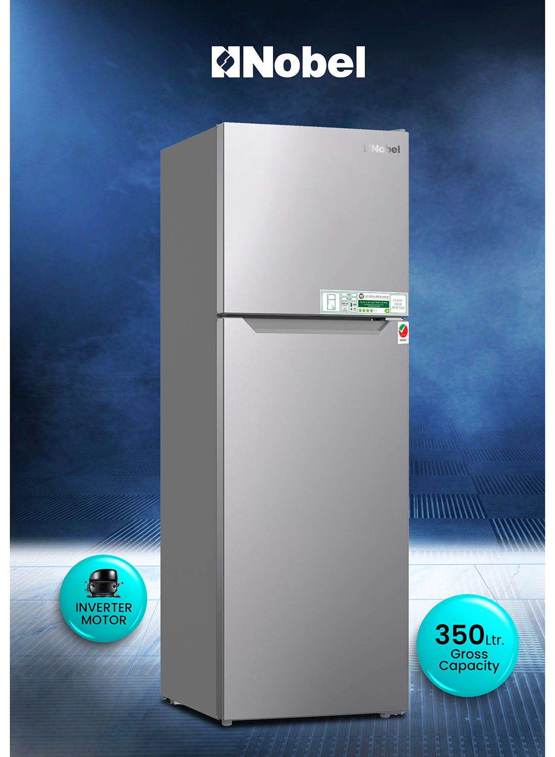 Nobel 350L Gross / 243L Net Capacity Double Door Refrigerator, No Frost, Electronic Control System, R600a Refrigerant, LED Inside Light, Removable Gasket, Inside Condenser NR350NF Dark Silver 