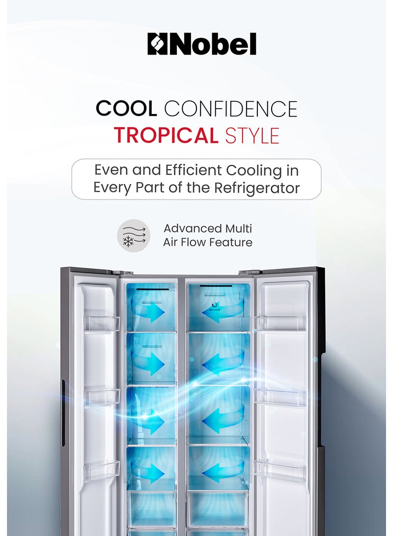 Nobel - 650 L Gross / 512 L Net  Capacity Side By Side Refrigerator, On Door LED Display, R600a Refrigerant, Electronic Control System, Inside Condenser, Removable Gasket, Adjustable Leg, Efficient Cooling System NR700D Silver - Image 1